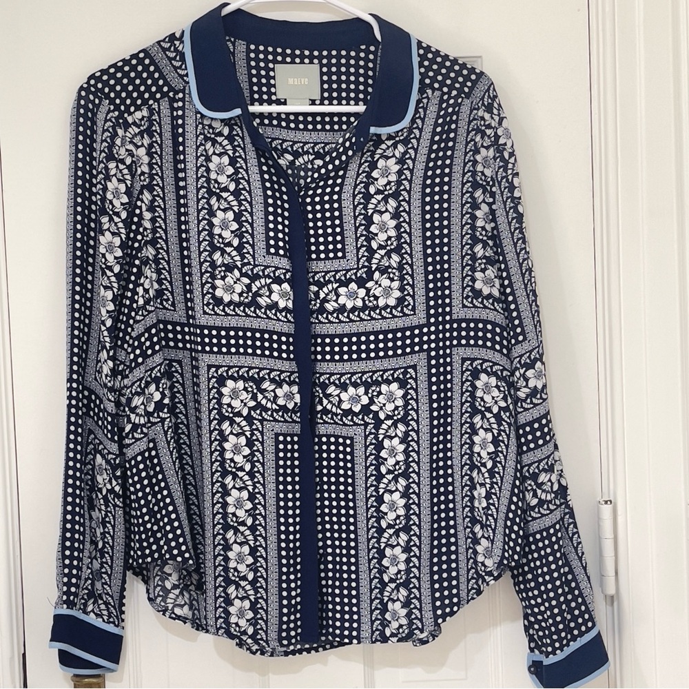 NWOT Maeve for Anthropologie Navy Floral Dot Print Blouse Shirt Top Size 12P